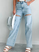 Rhinestone Detailed Distressed Straight Jeans