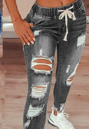Drawstring Distressed Relaxed-Fit Street Denim Pants