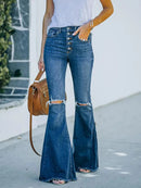 High-Waist Ripped Button-Fly Flared Denim Pants