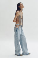 Rhinestone Cutout Wide Leg Jeans